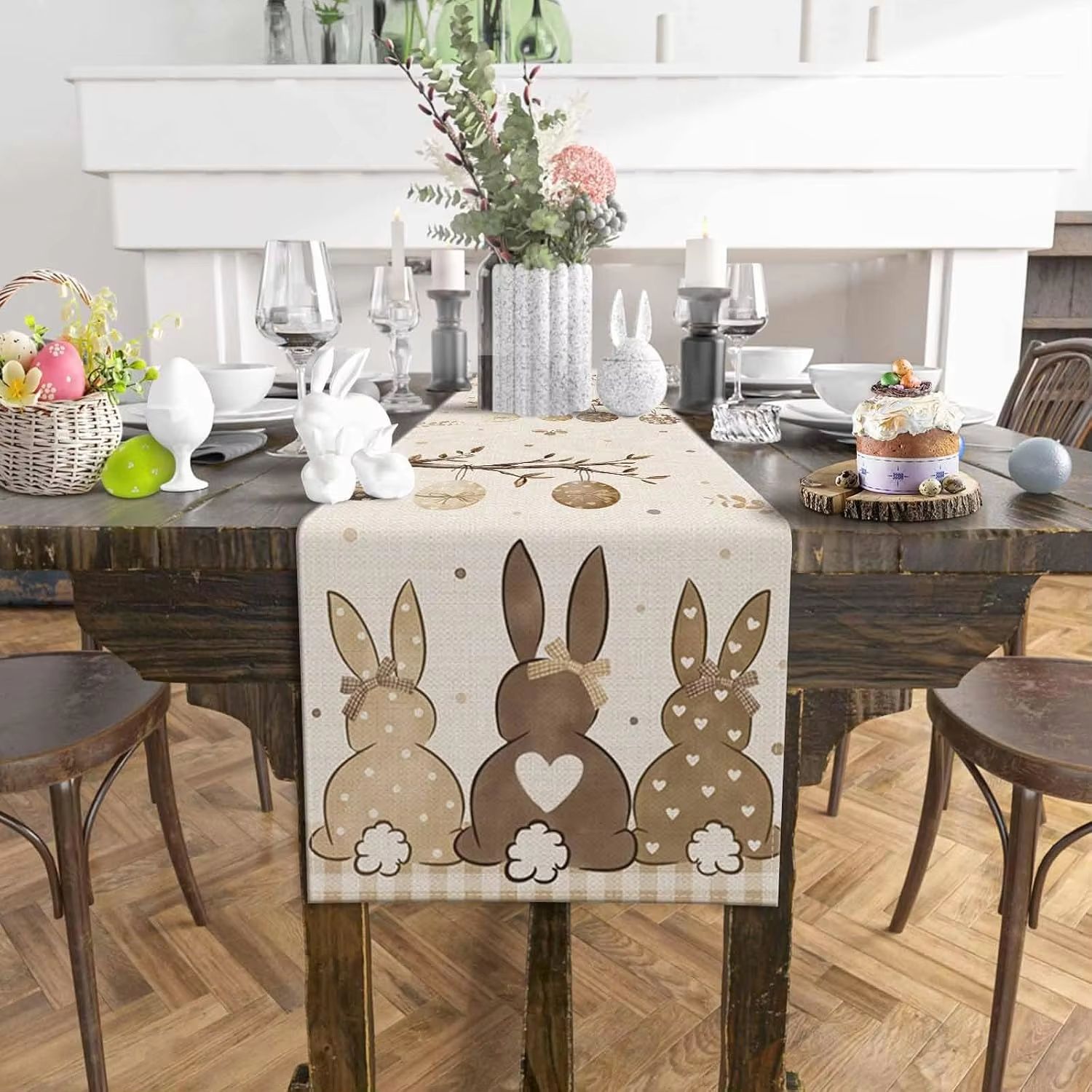 Rustic Easter Bunny Linen Table Runner with Egg Print Spring Decor