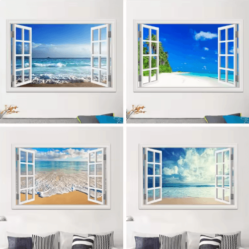 3D Beach Window Wall Sticker Ocean View Self-Adhesive Wall Mural Decor