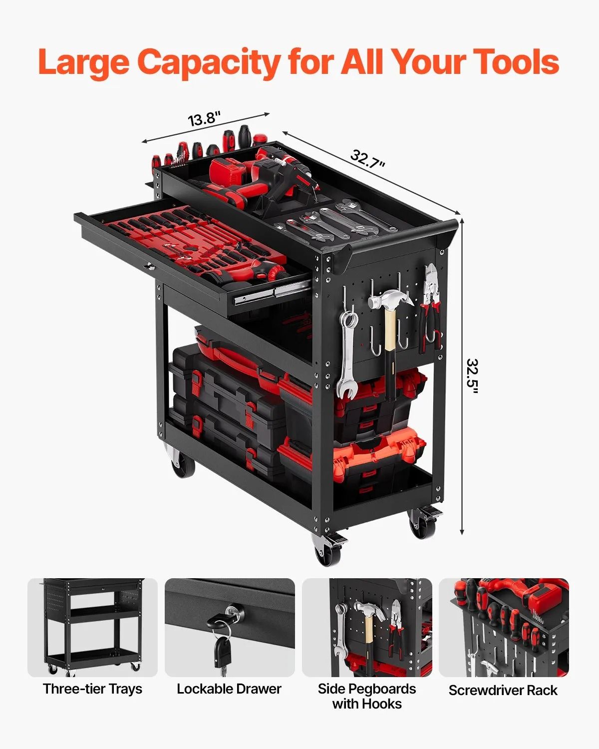 Heavy Duty Rolling Tool Cart with Drawer & Pegboard Tool Cart with Wheels 350 lbs Capacity