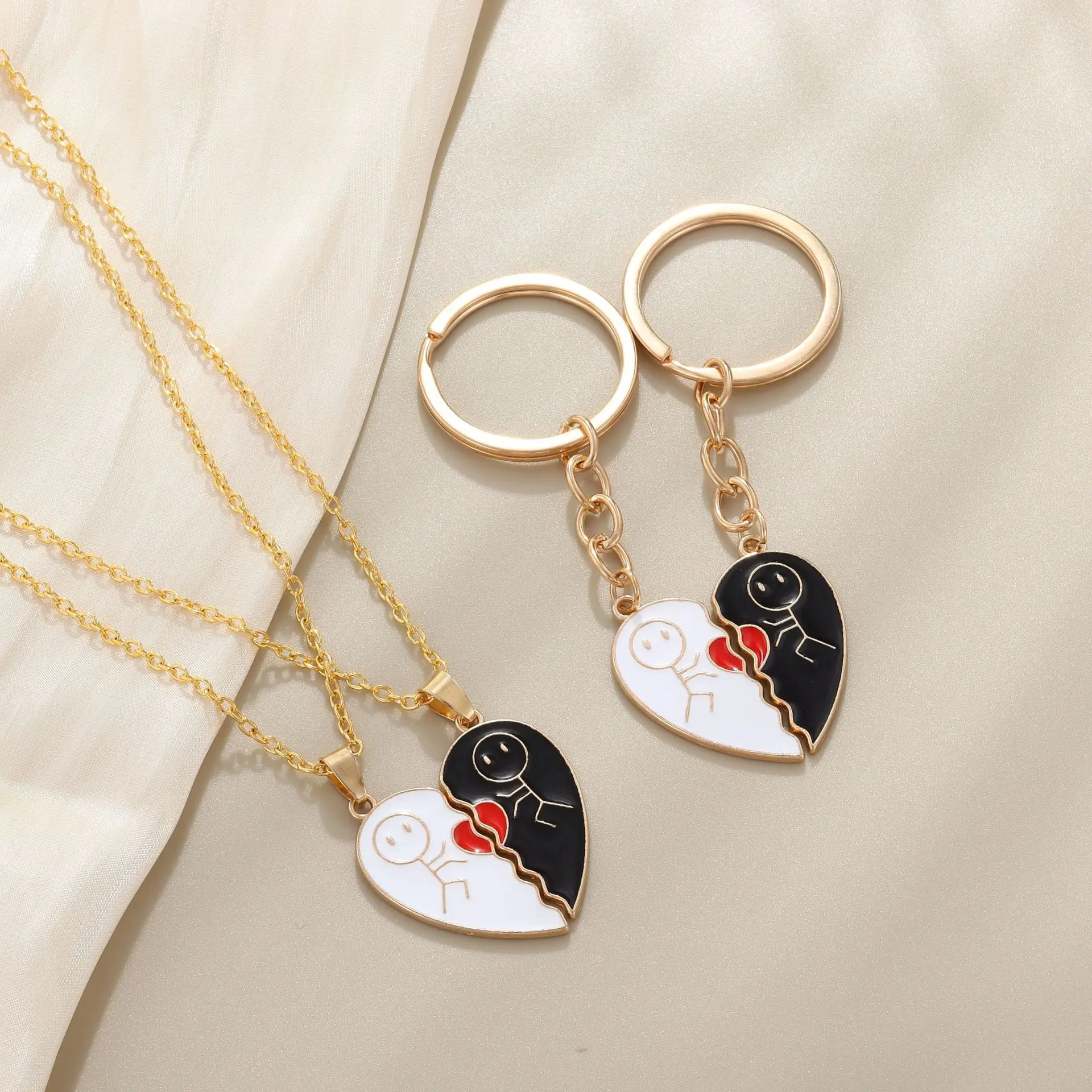 Couple Magnetic Necklace Stickman Heart Charm, Fashion Trendy Splicing Heart Pendant Jewelry Gift