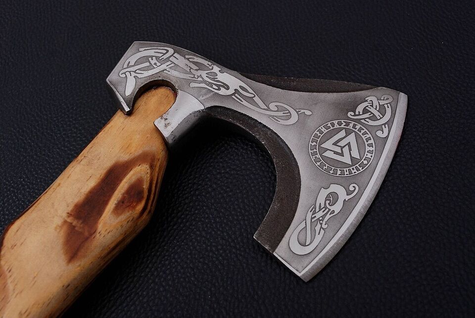 Custom Handmade Carbon Steel Blade Viking Axe | Hunting Axe | Camping Etched Axe