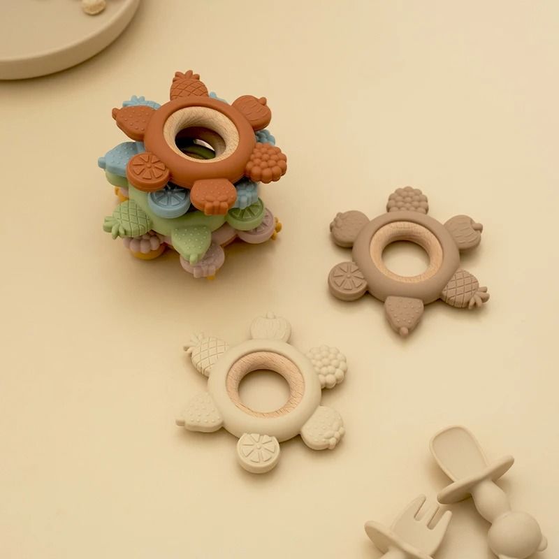 Fruit-Theme Silicone & Wooden Baby Teether – BPA-Free Infant Chewing Toy