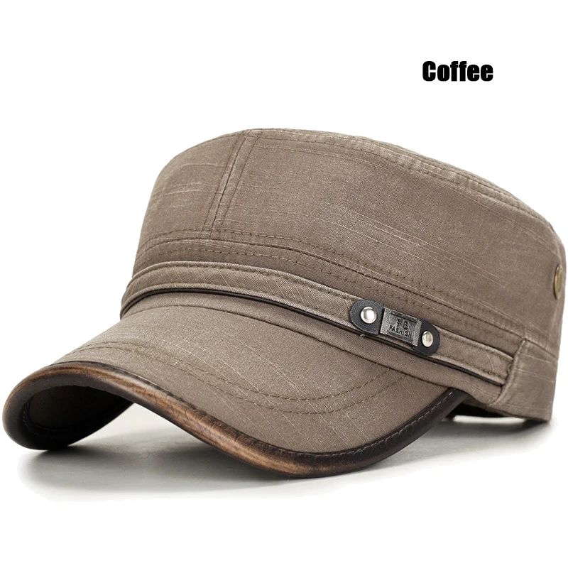 Distressed Washed Cotton Cadet Flat Cap with Leather Binding