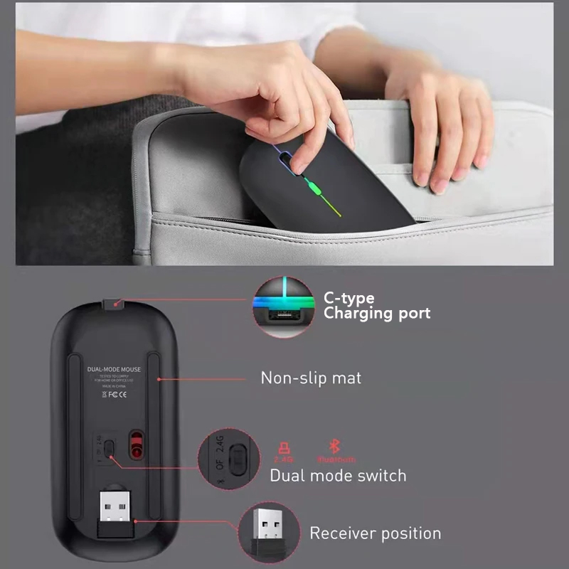 Wireless Mouse Bluetooth Dual Modes with RGB, Ergonomic, Silent Click Rechargeable
