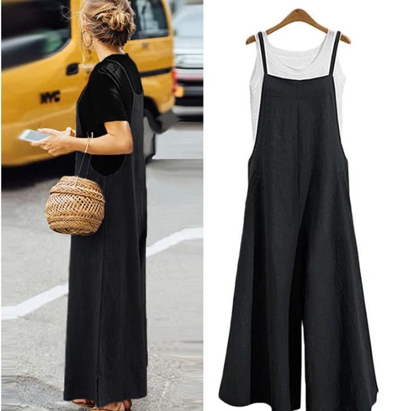 Womens Cotton Linen Wide Leg Jumpsuit – Casual Sleeveless Summer Overalls with Adjustable Straps