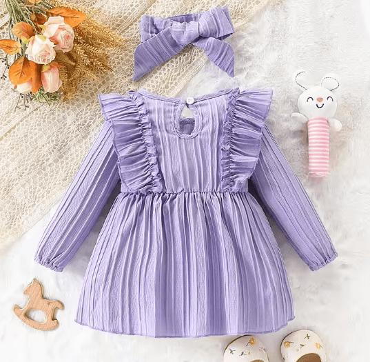 Purple Ruffled Baby Girl Dress with Butterfly Detail & Matching Headband – Long Sleeve Butterfly Baby Dress for Infants