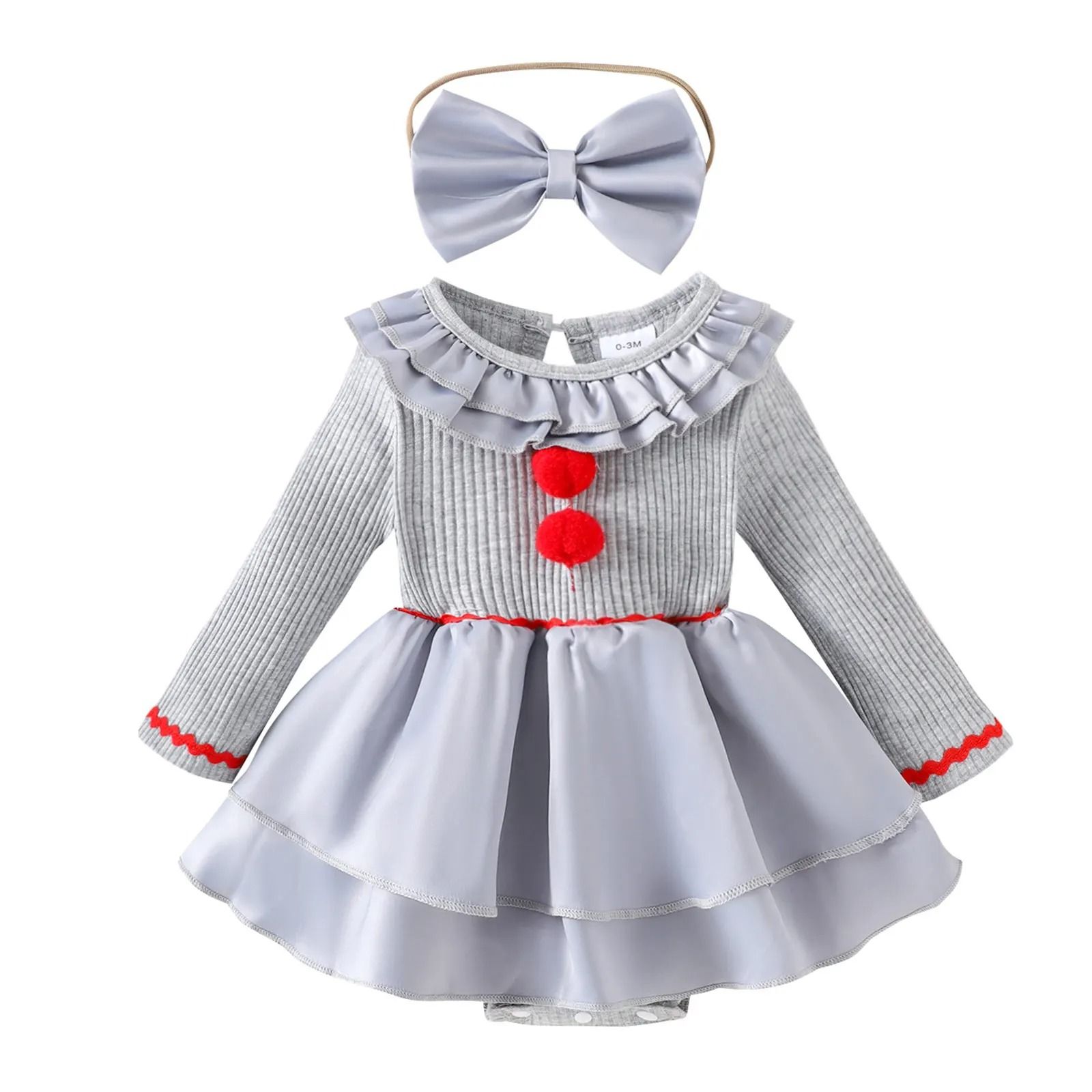 Baby Girl Creepy Clown Cosplay Costume | Premium Layered Gray Joker Dress Romper & Halloween Party Outwear