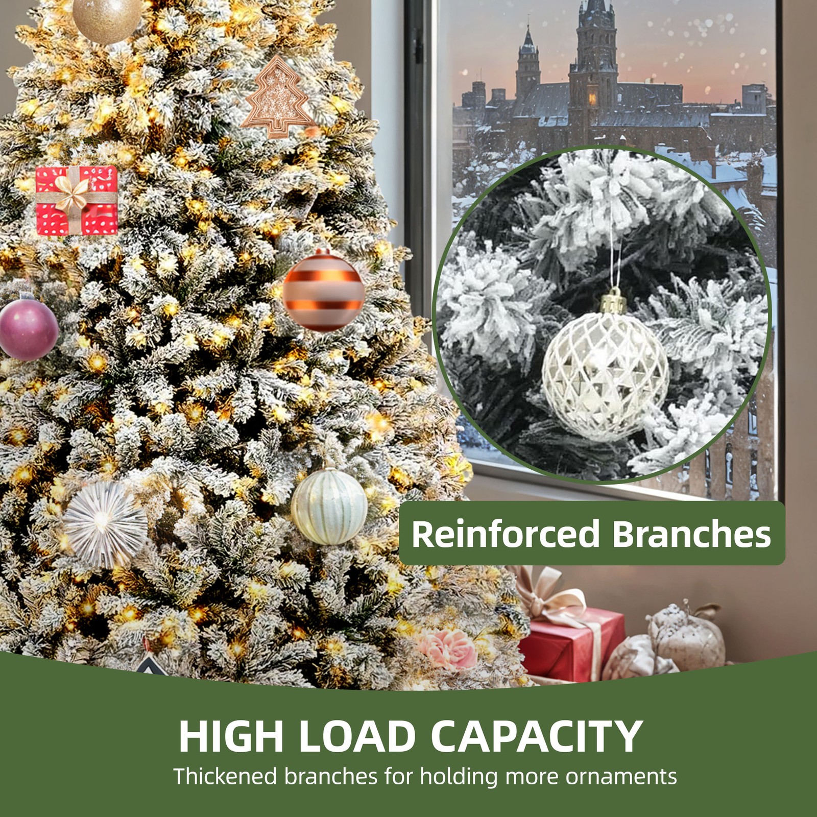Prelit Snow Flocked Christmas Tree, Artificial Full Tree with Remote