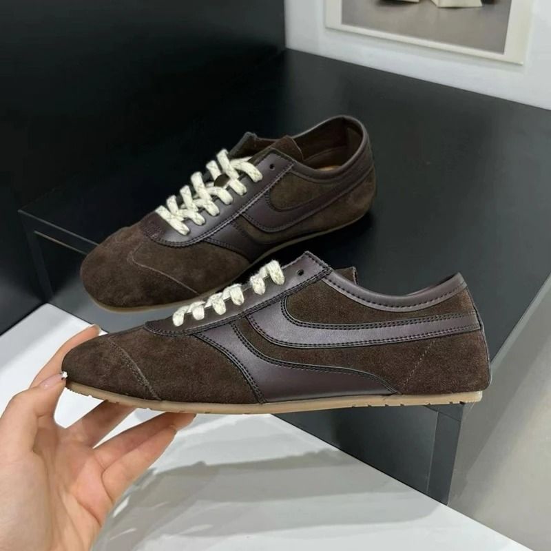 Womens Retro Leather German Training Sneakers Lace Up Flats