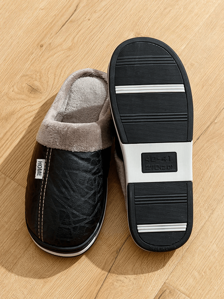 Mens Winter Slippers with PU Leather Waterproof Upper and Warm Fur Lining