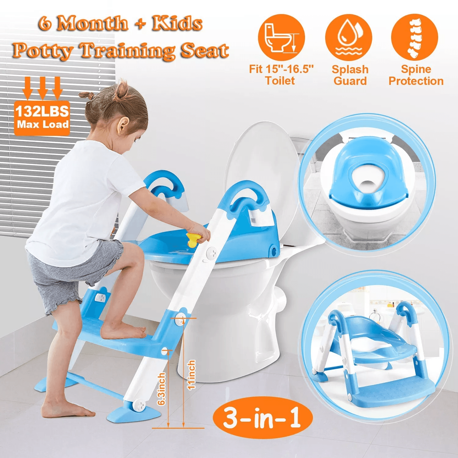 Baby Kid Training Toilet Potty Trainer Seat Chair with Toddler Ladder Step Up Stool Adjustable, Foldable for Boys, Girls