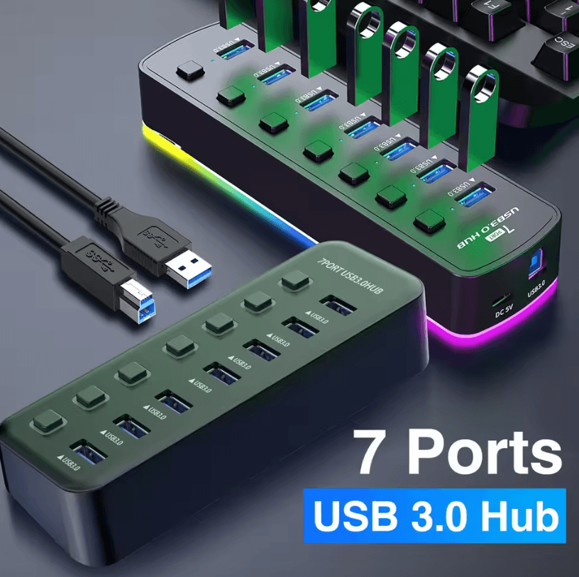 RGB USB 3.0 Hub 7-Port with Individual On/Off Switches – High Speed USB Extension Docking Station