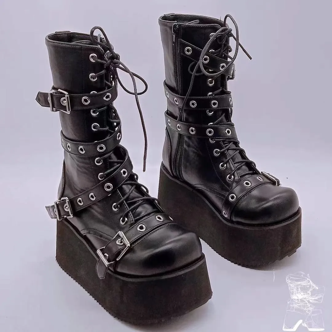Trendy Autumn Women Boots, Buckle Wedges Platform Combat Boots, Punk Goth Street Style Round Toe Boots