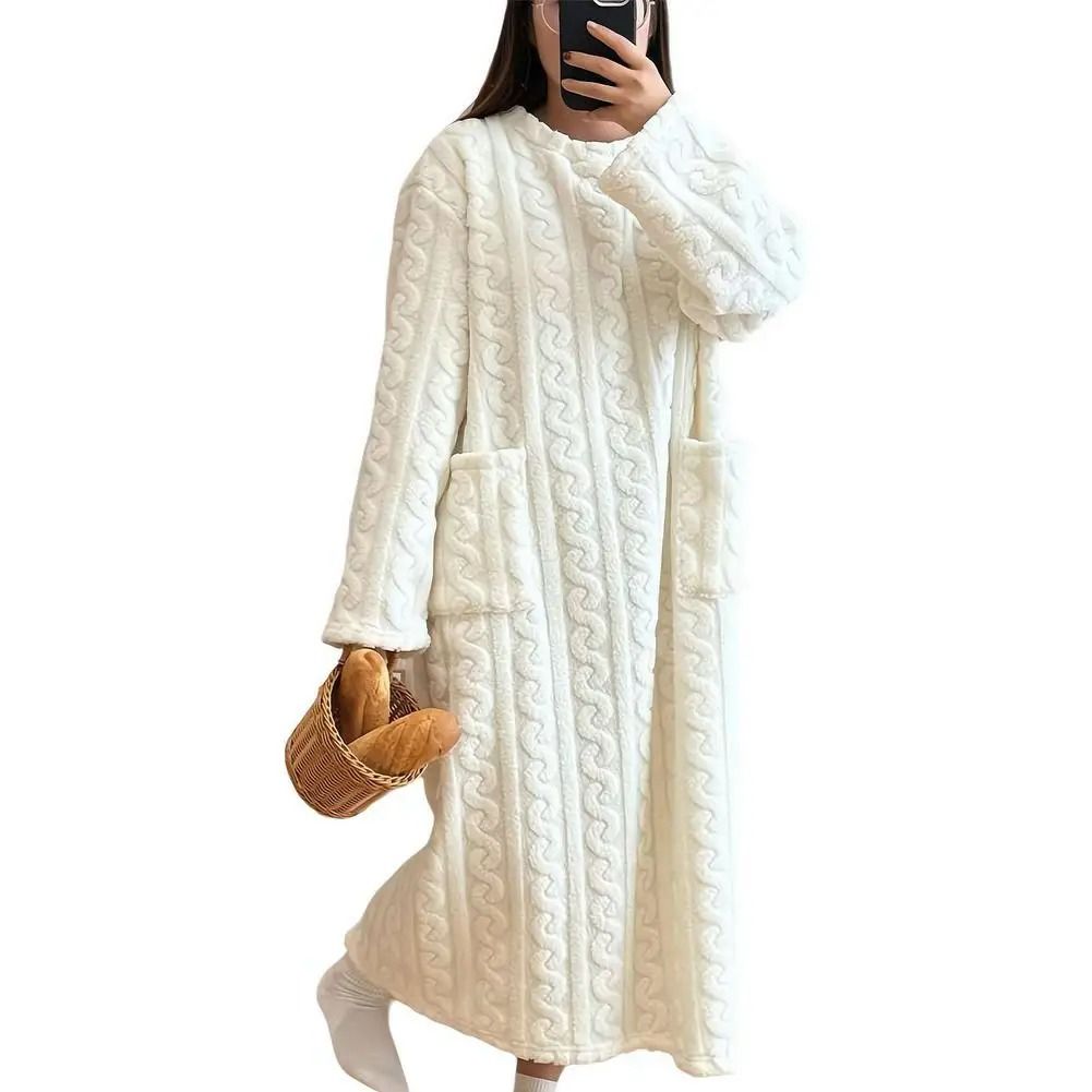Women Winter Flannel Nightgown Long Sleeve Warm Sleepwear Dress
