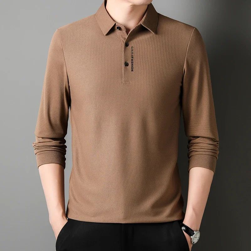 Men's Waffle Knit Polo Shirt – Long Sleeve Casual Letter Print Lapel Top