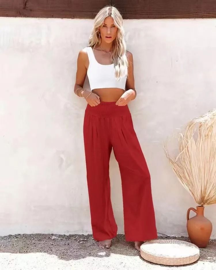 Women Drawstring Wide Leg Casual Pants Mid Waist Beach Trousers