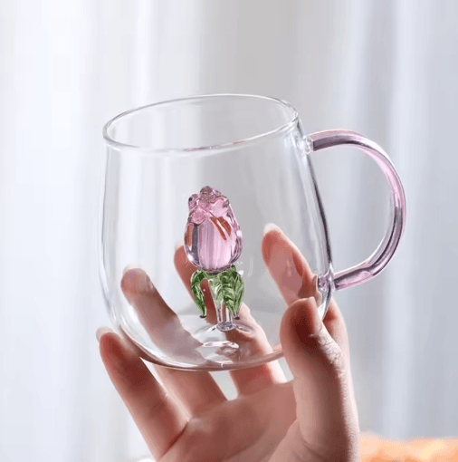 INS Style 3D Rose Glass Cup Heat Resistant Transparent Coffee and Juice Tumbler