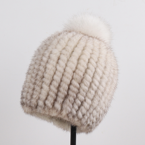 Winter Women Genuine Mink Fur Hat Hand Knitted Warm Cap with Real Mink Fur and Fox Fur Pompoms