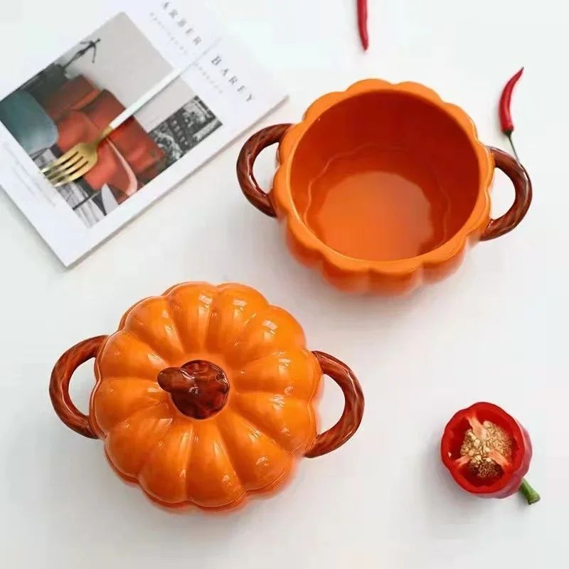 Ceramic Pumpkin Soup Pot with Lid – Creative Halloween Soup & Noodle Bowl