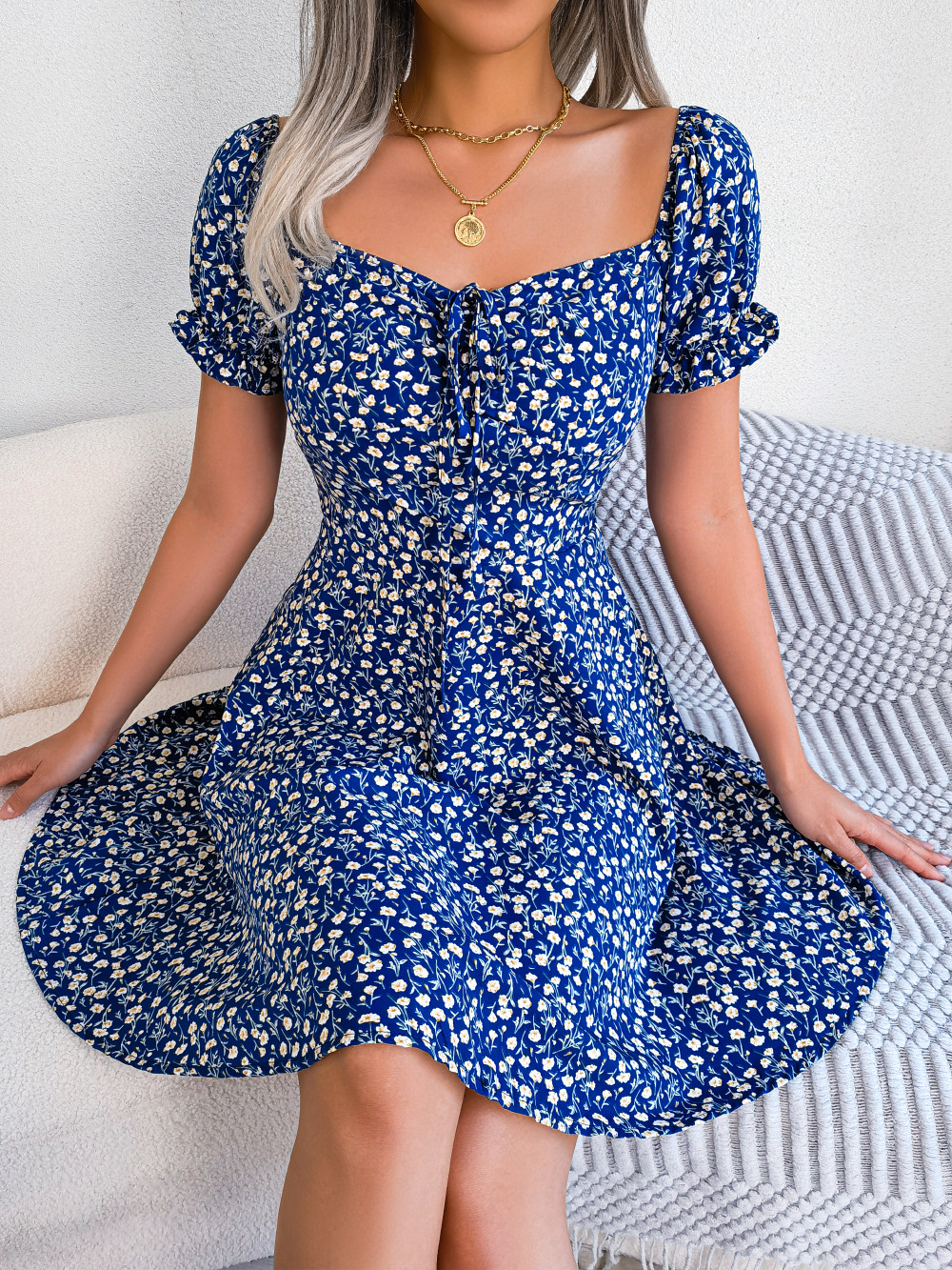 Women Casual Flare Sleeves Drawstring Lace Up Spring Summer Square Collar Floral Ruffles Mini Dress, A Line Dress