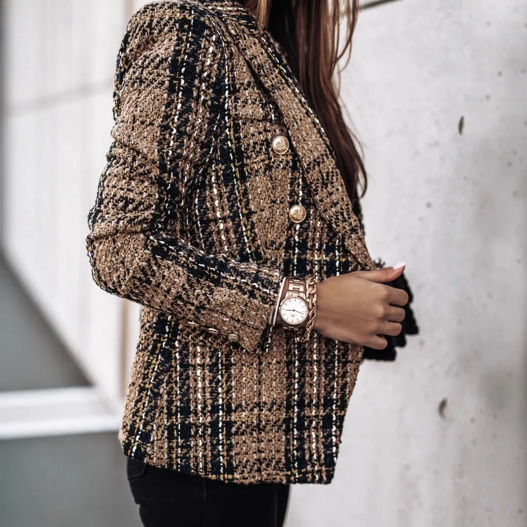 Women's Printed Suit Jacket, Autumn Winter New Style, Long Sleeve Double Button Blazer, Regular Fit Polyester Fiber