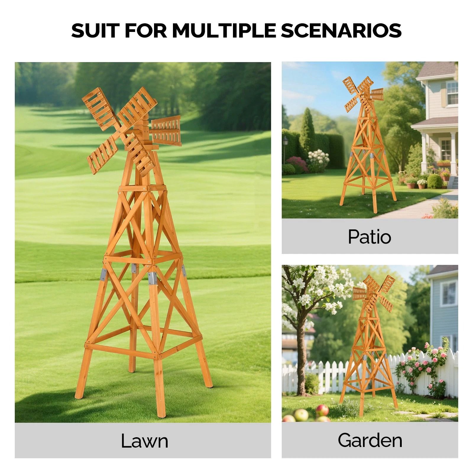 Garden 2-Layer Cross-Jointed Wooden Windmill Weathervane with Head, Backyard Decor