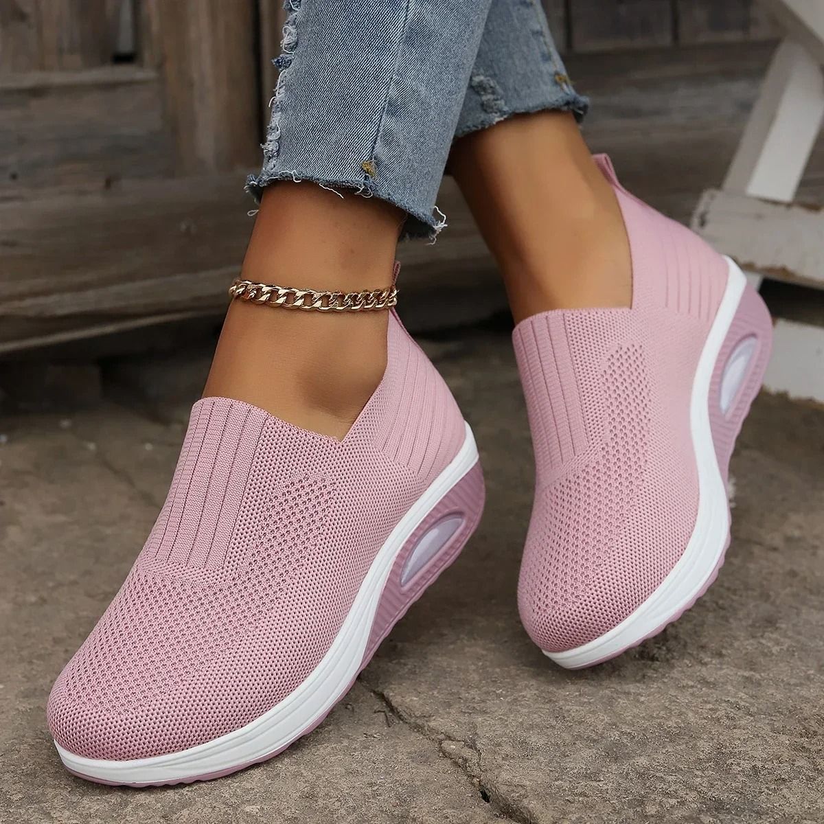 Womens Mesh Breathable Slip On Platform Sneakers Comfortable Air Cushion Walking Shoes