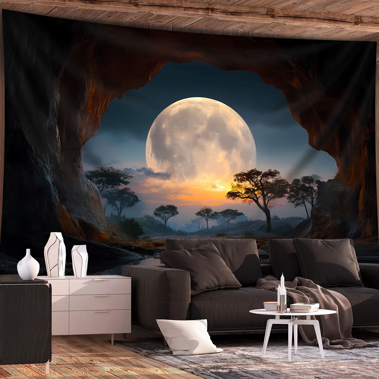 Tranquil Cave Forest Moon Scenery Tapestry – Dreamy Nature Landscape Wall Art for Home Decor