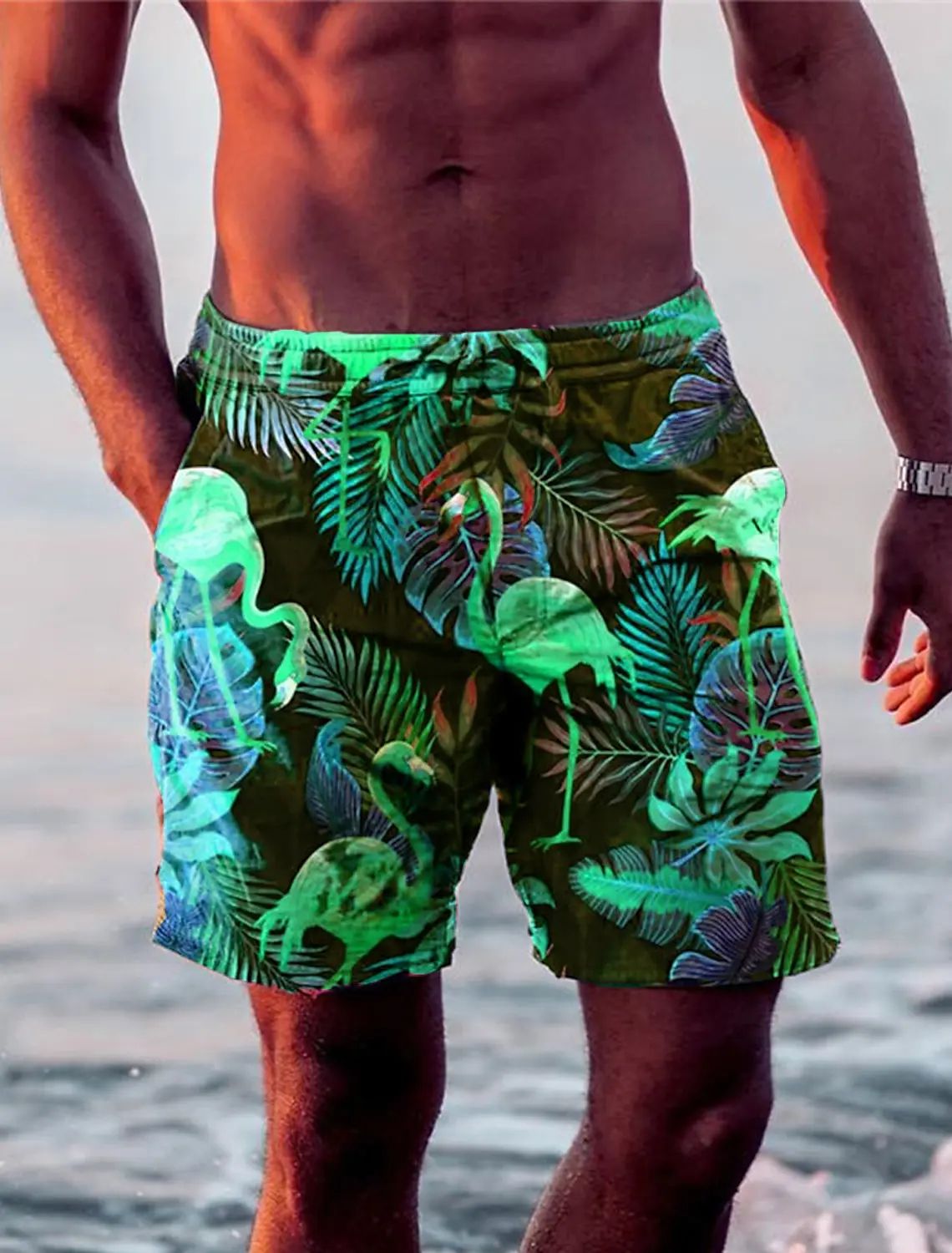 Mens Quick Dry Hawaiian Swim Shorts with Flamingo Print