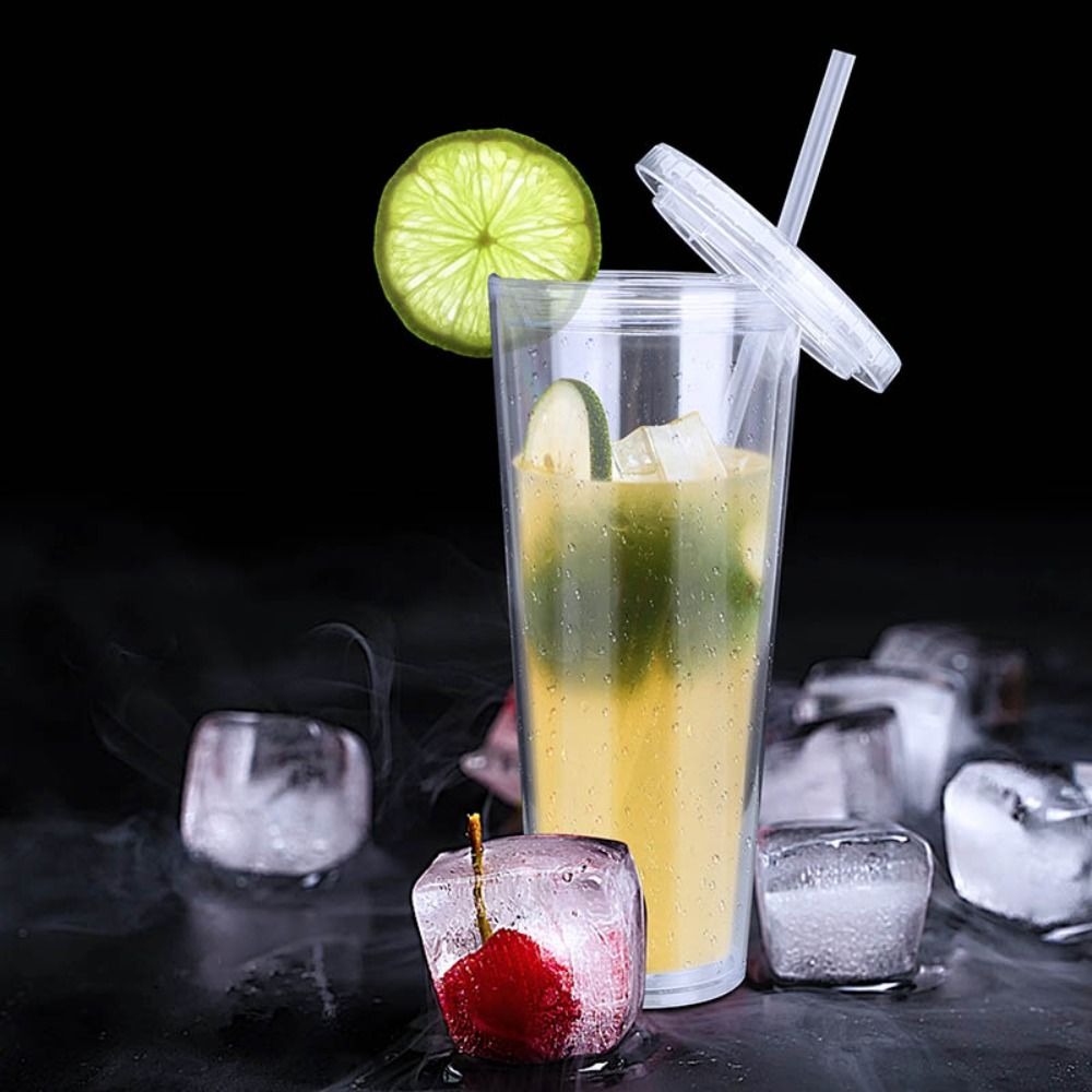 Plastic Clear Tumbler Smoothie Cup with Lid and Straw Transparent Double-Layer Iced Coffee Water Bottle Milk