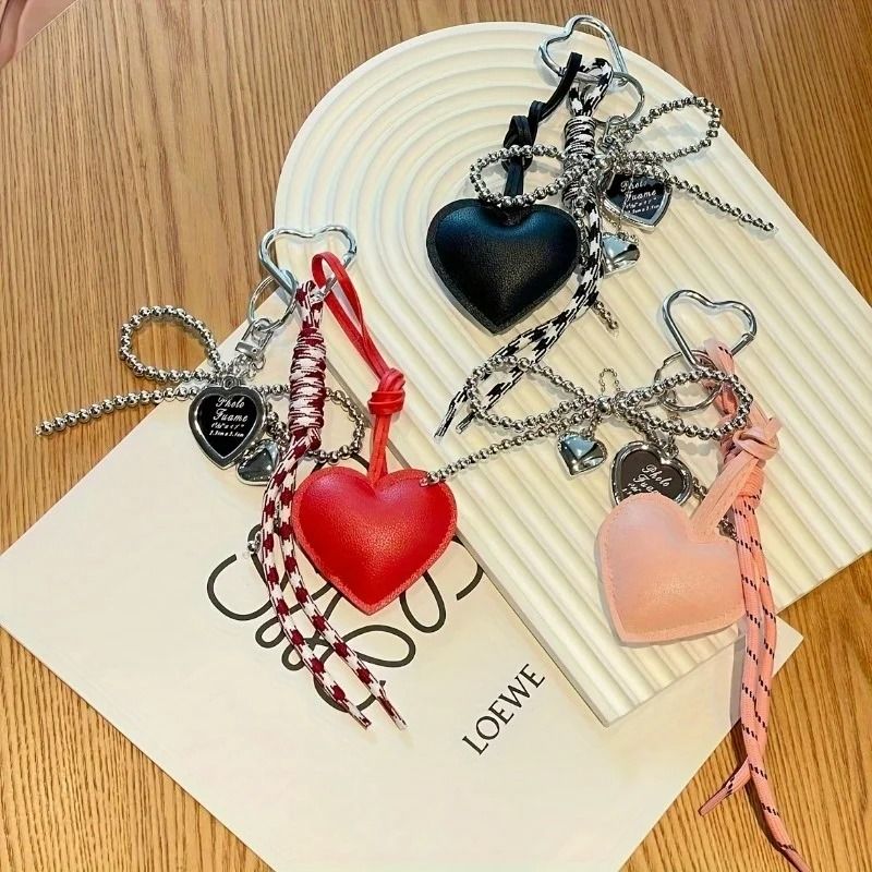 Trendy Leather Heart Bow Delicate Beaded Keychain