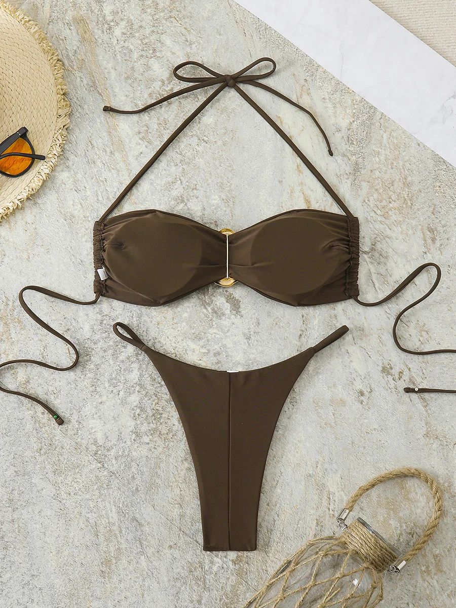 Sexy Bandeau Push-Up Thong Bikini Set Womens Two-Piece Swimwear