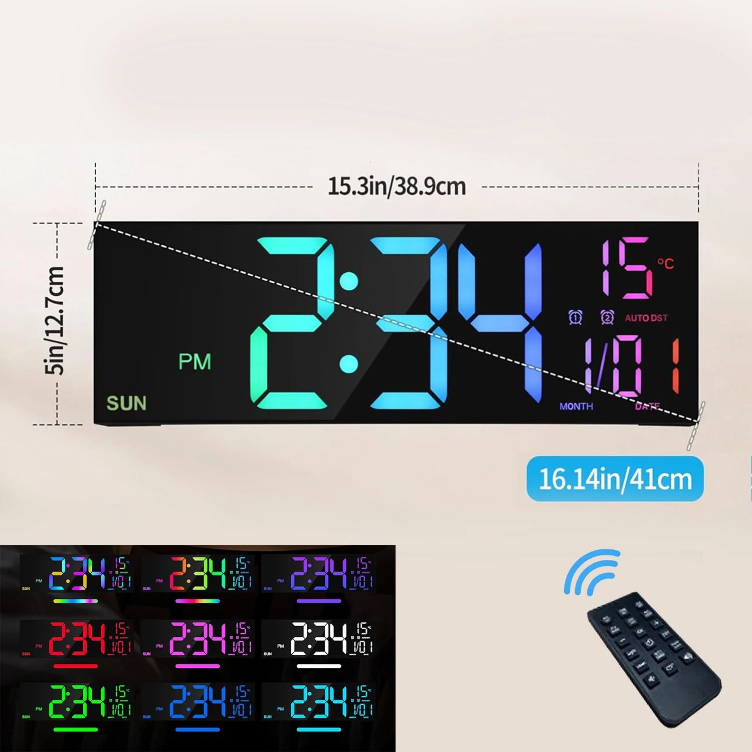 16.2 Inch Large RGB Digital Wall Clock with Remote Control