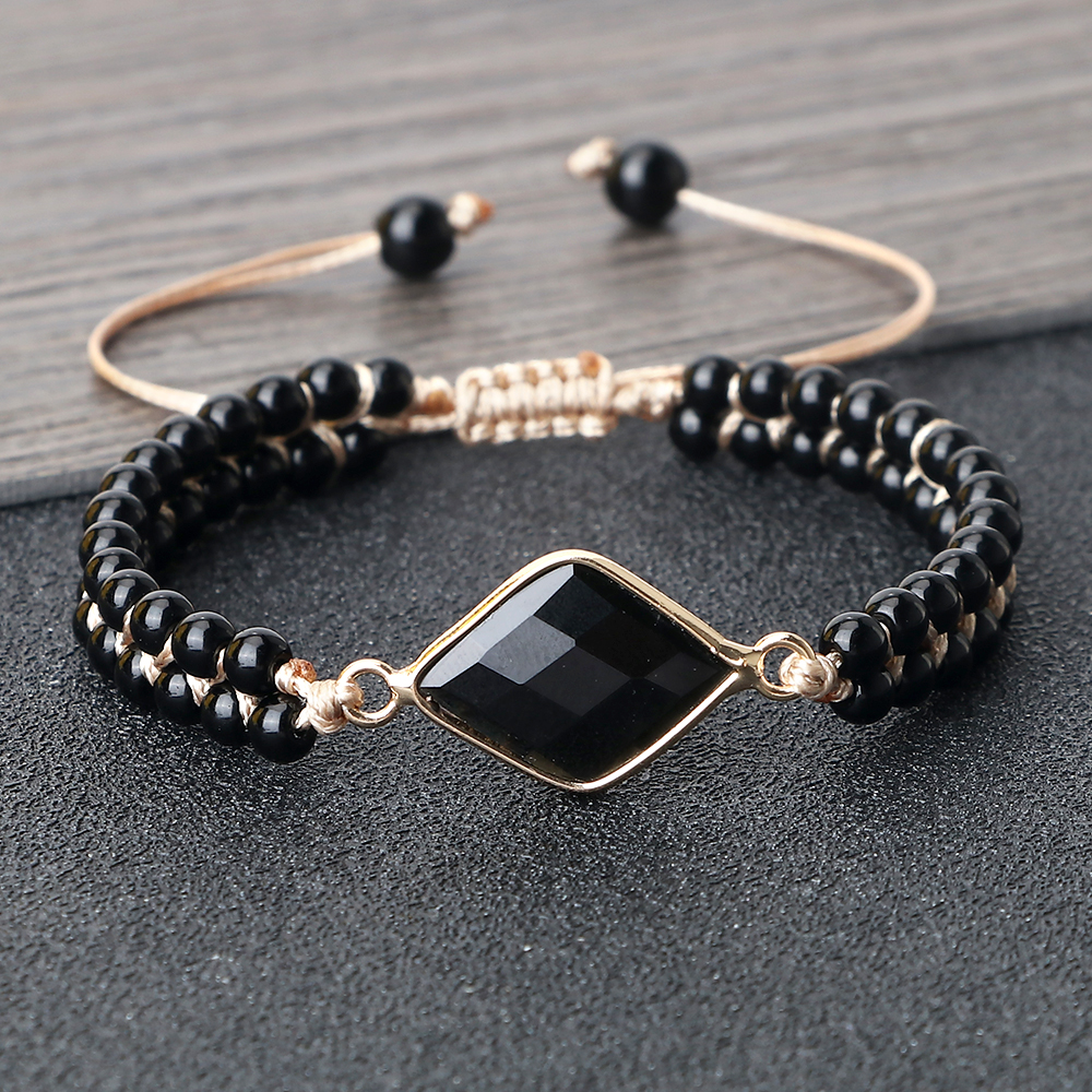 Black Onyx Braided Bracelet, Handmade Adjustable Obsidian Pendant, Women Wrist Bangle, Men Prayer Jewelry Gift