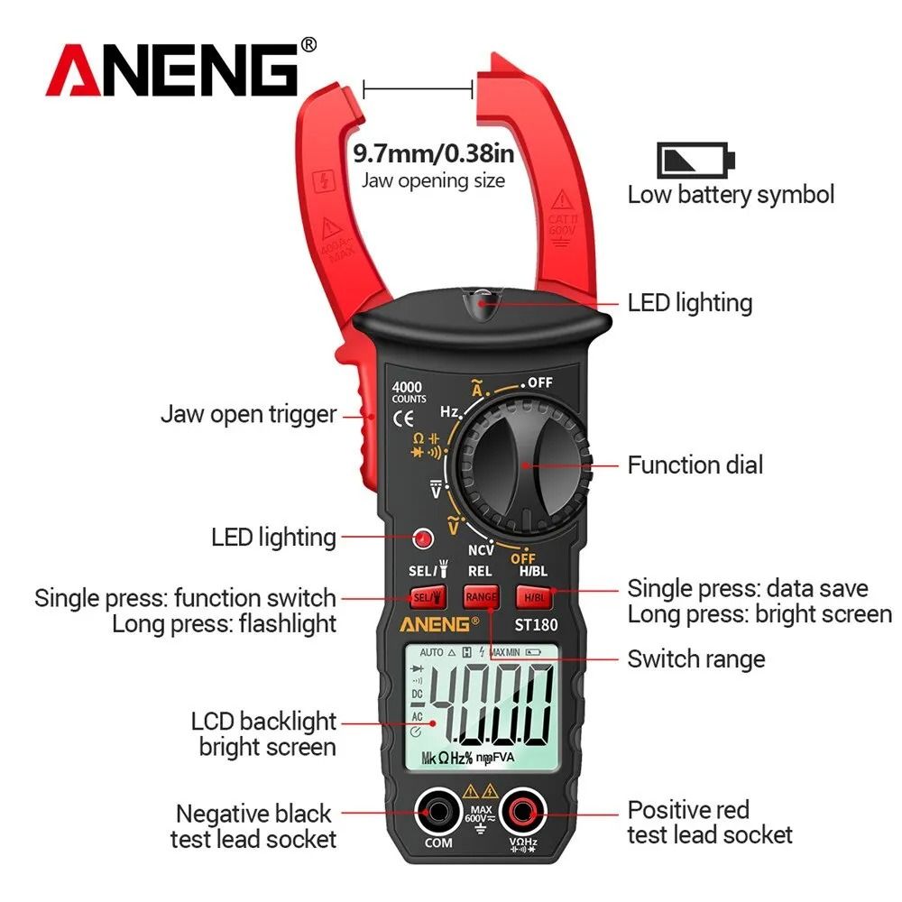 ANENG ST180 Clamp Meter Digital 4000 Counts AC DC Multimeter
