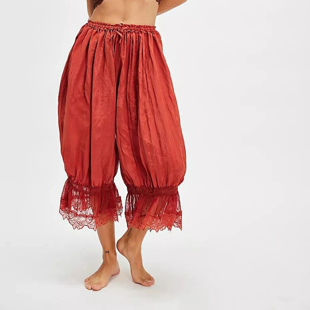 Womens High Waist Cropped Bloomers with Lace Detail and Drawstring Fit