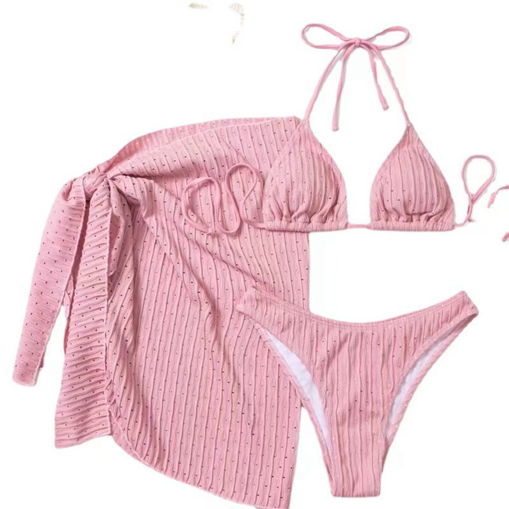 Summer Halter Bikini Women, Sexy Thong Swimwear with Sarong Skirt, White Black Pink Green Beachwear