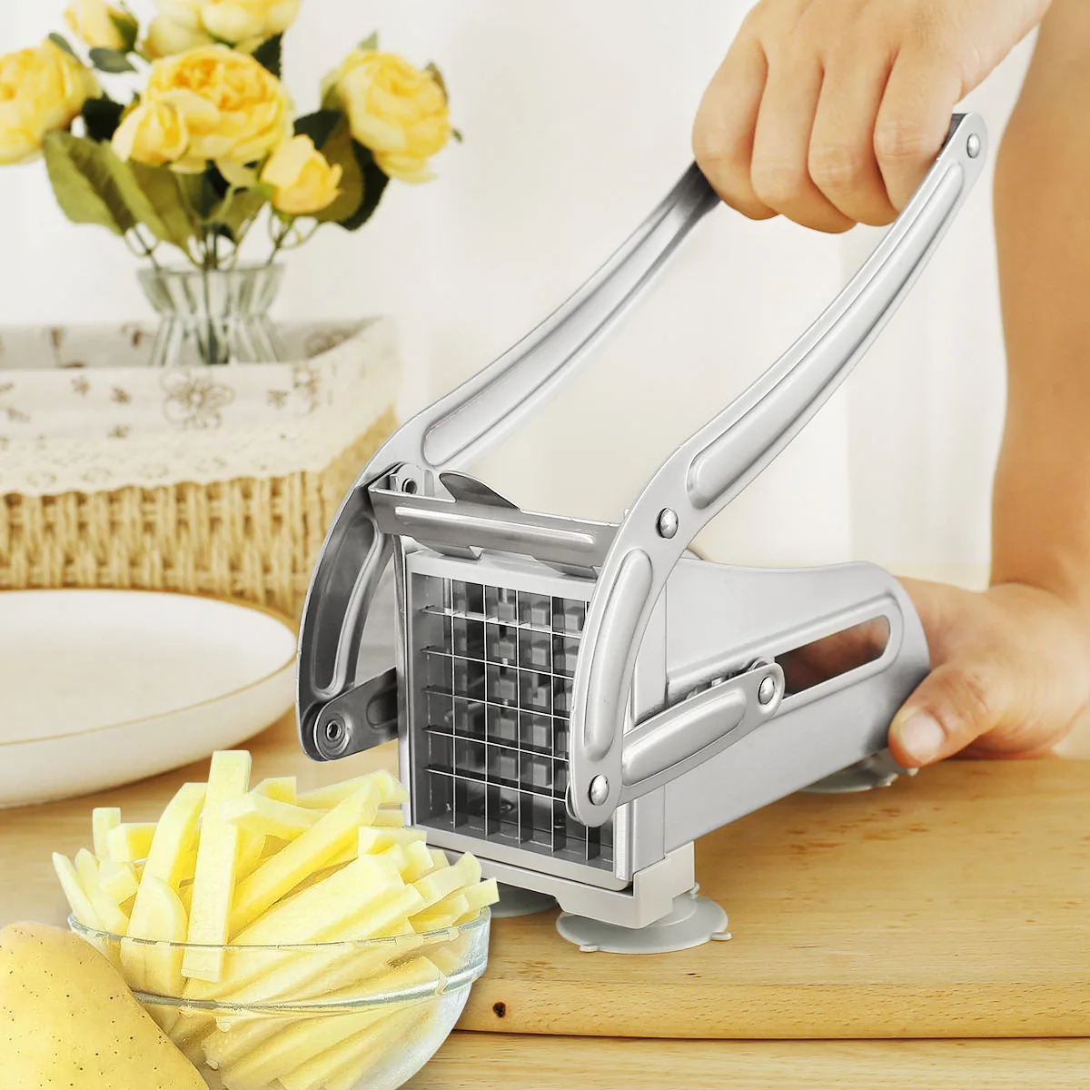 French Fry Cutter Stainless Steel Potato Chipper Fast Cutting Potato Chip Cutter with 36/46 Holes Blades Food Slicer