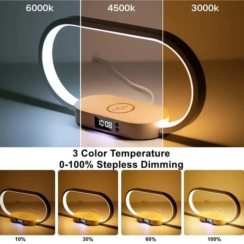 Multifunction Wireless Charger Stand Clock LED Desk Lamp with USB Fast Charging Dock