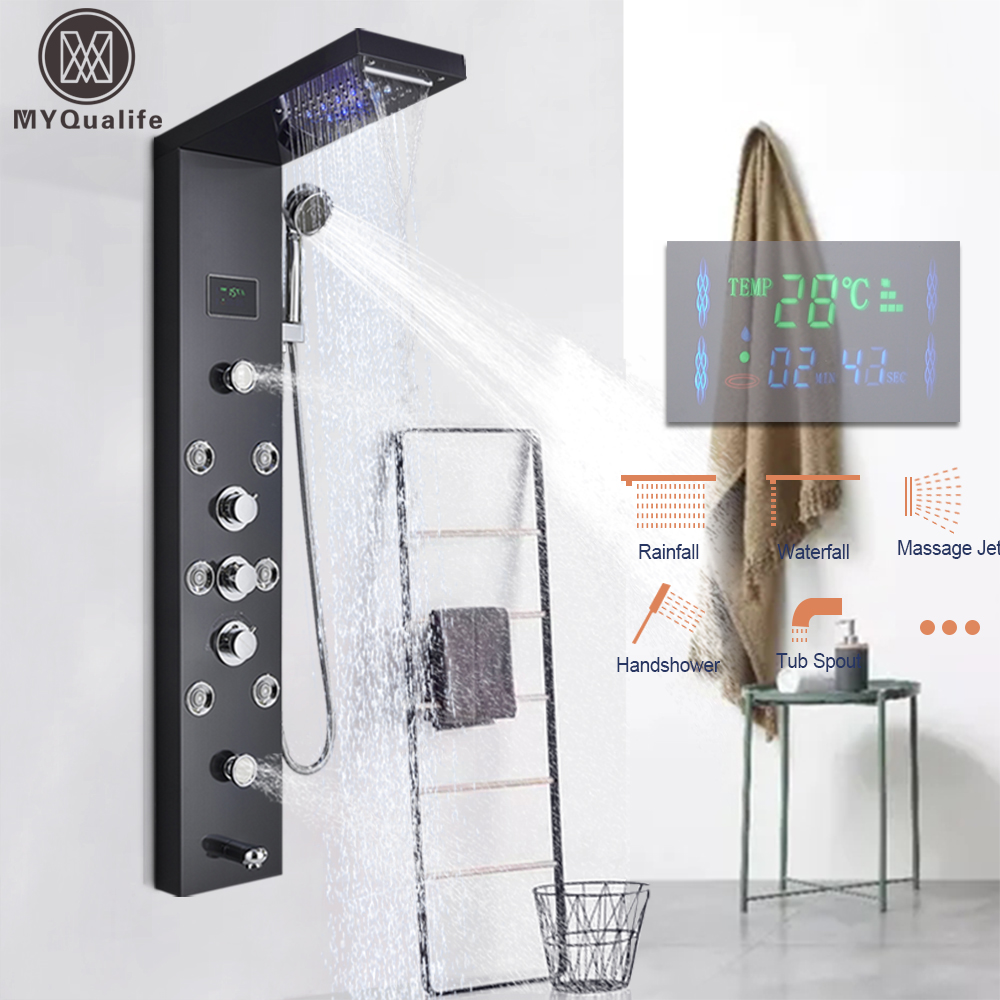 LED Light Shower Panel, Waterfall Rain Digital Display Shower Faucet Set, SPA Massage Jet Bathroom Column Mixer Tap