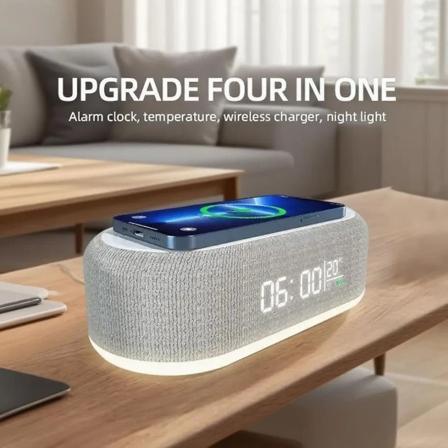 Intelligent Alarm Clock Wireless Charger – 15W Fast Charging Station with Bedroom Lamp, Night Light & Desktop Thermomete