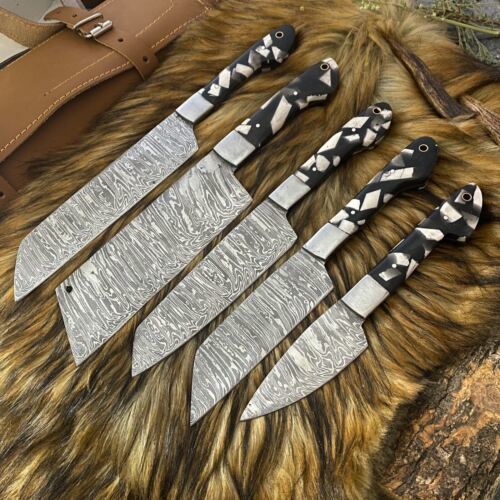 Premium Damascus Steel Kitchen & Hunting Knives – 5 Pc Set
