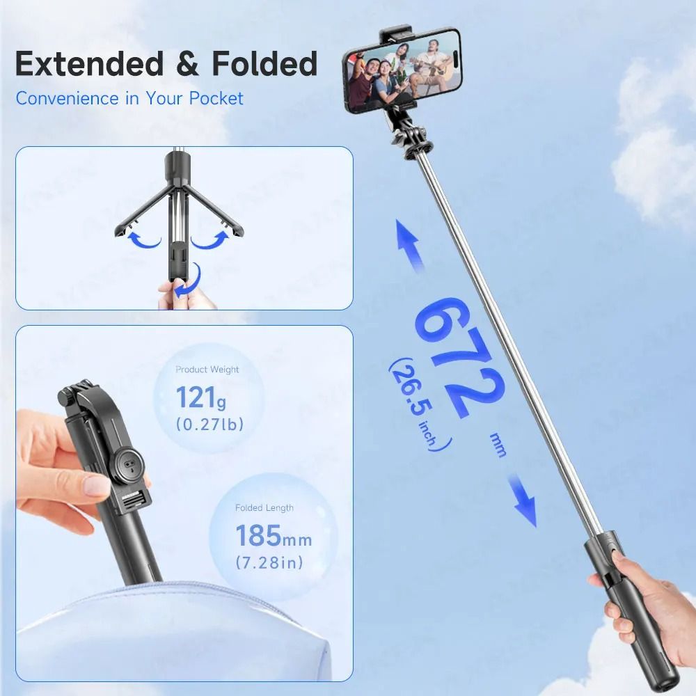 360 Degree Selfie Stick Tripod with Bluetooth Remote and Fill Light