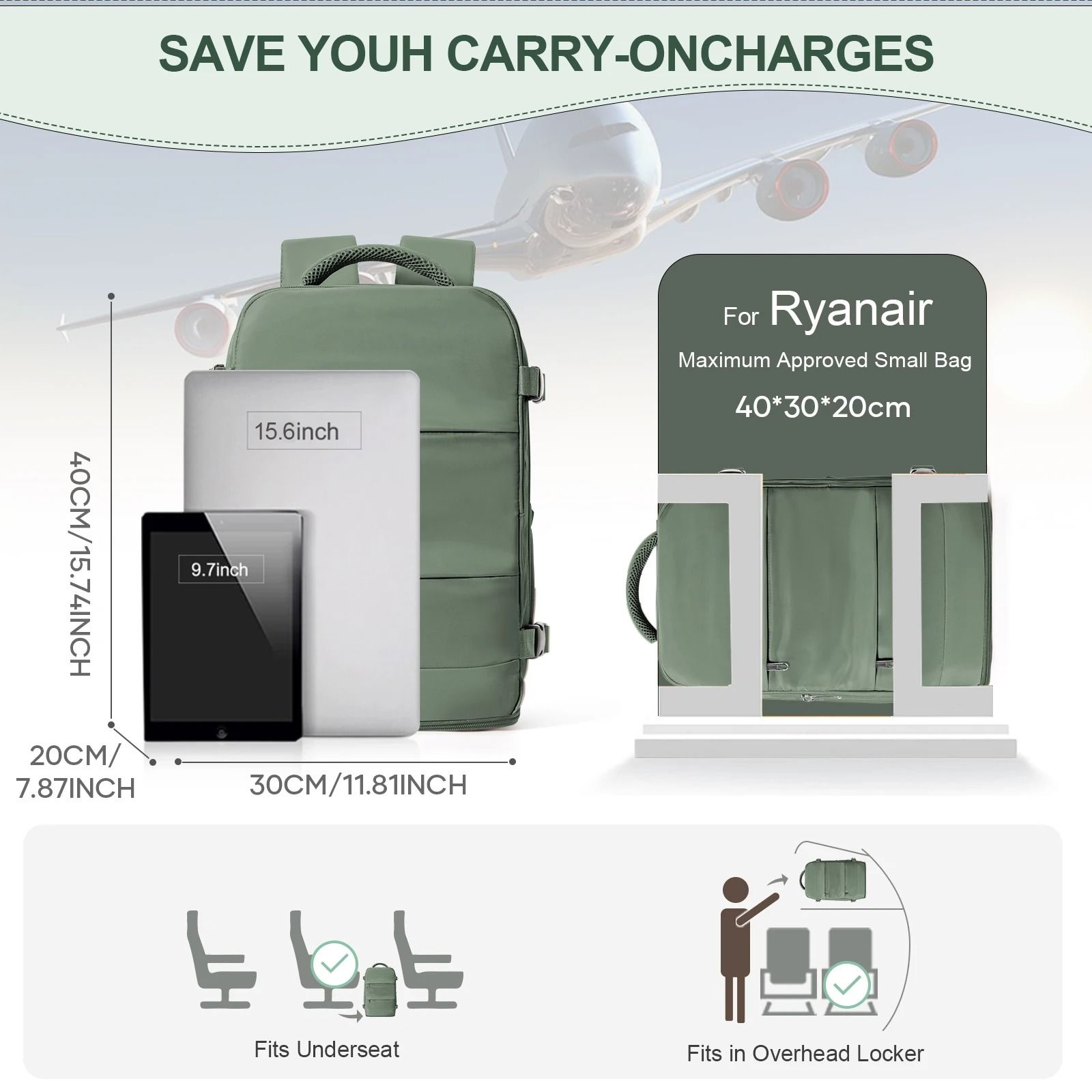 40x30x20 Cabin Travel Backpack with Laptop Compartment