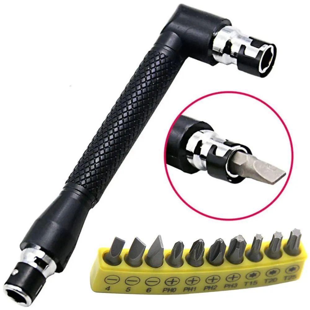 90° L-Shaped 1/4 Inches Hex Screwdriver Bit Set | Double Head Handle 6.35mm Right Angle Wrench + 10pcs Bits & Tape