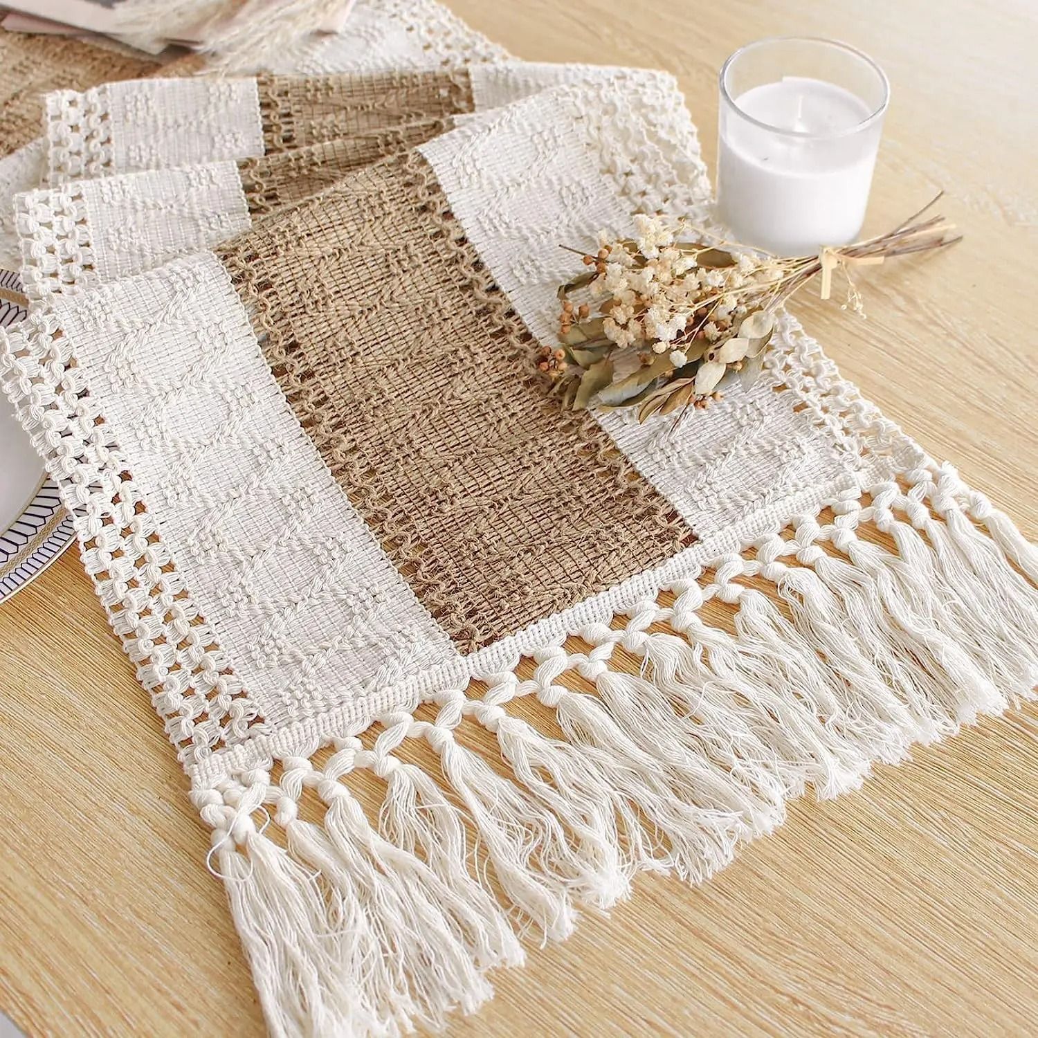 Rustic Boho Farmhouse Linen Table Runner with Tassels