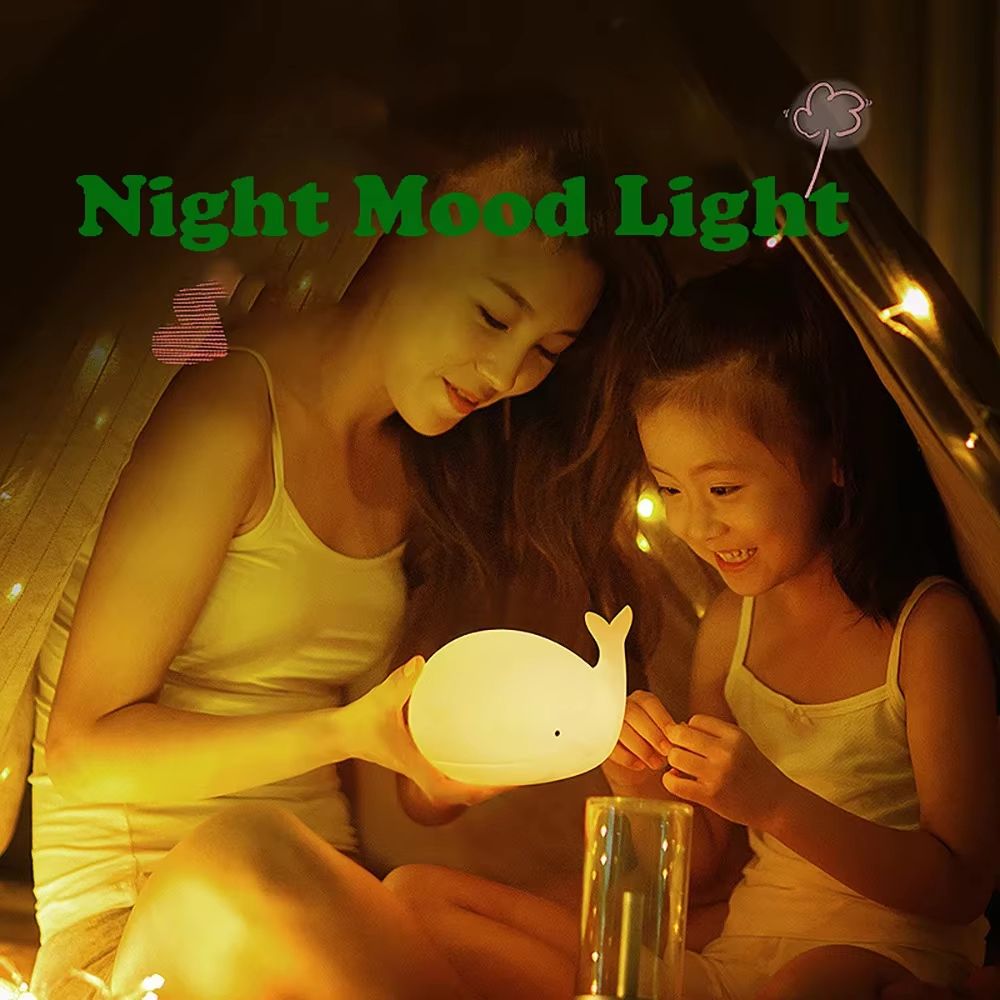 USB Rechargeable Silicone Whale Night Light Touch Control Kids Bedside Lamp
