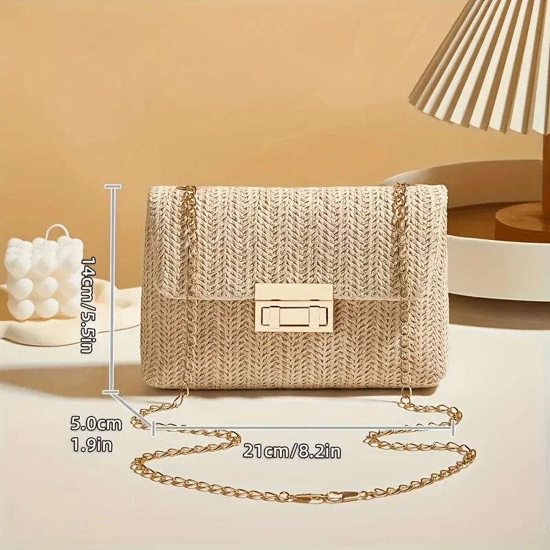 Woven Straw Shoulder Bag Small Crossbody Handbag with Polyester Lining