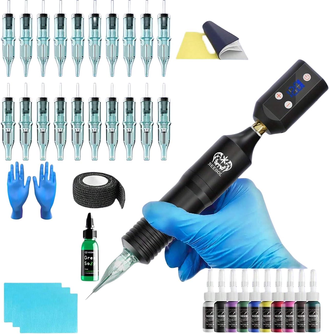 Neebol Wireless Tattoo Kit – Complete Cordless Tattoo Pen with LED Display & 1500mAh Battery for Beginners & Body Art