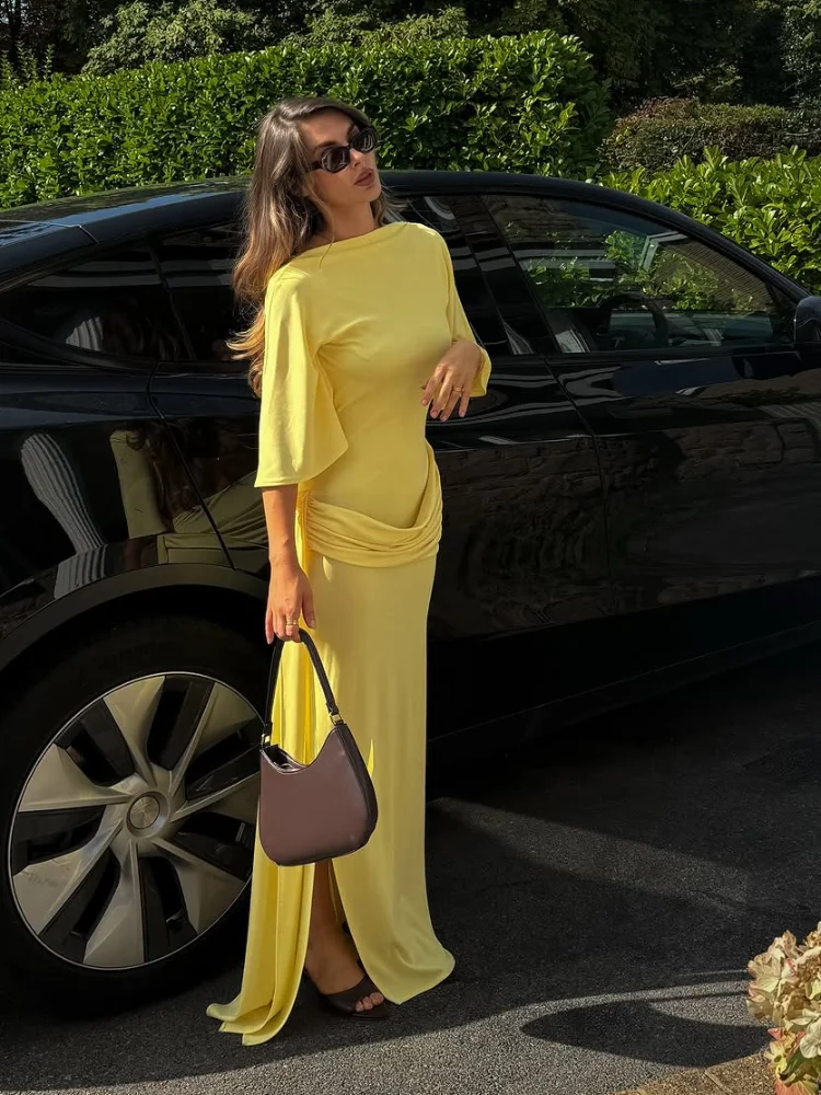 Women's Solid Yellow Backless Maxi Dress, Elegant Split Slim Fit, Pleated Half Sleeve Long Dresses, High Street Summer